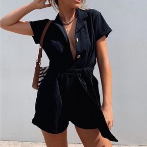 Princess Polly Black Button Up Short Sleeve Romper Size 8